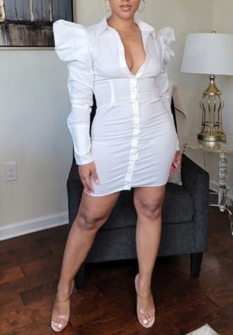 (Real Image)2022 Styles Women Fashion INS Styles White Front Button Shirts Mini Dress