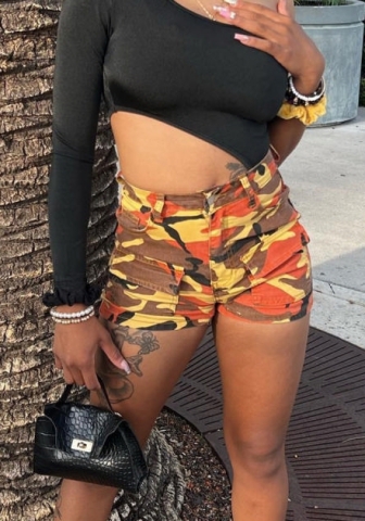 (Real Image)2022 Styles Women Fashion INS Styles Orange Camouflage Short Pants