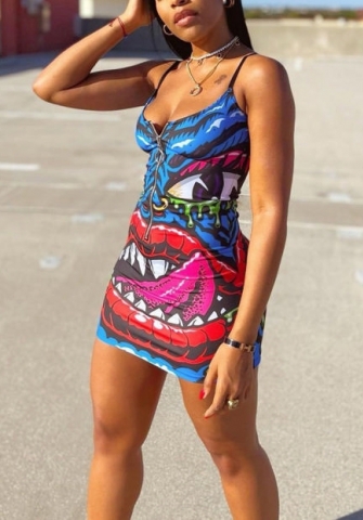 (Real Image)2022 Styles Women Fashion INS Styles Print Strap Mini Dress