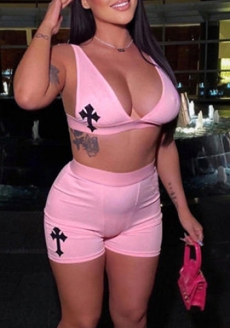 (Pre-Sale)(Real Image)2022 Styles Women Fashion INS Styles Print Cross Short Two Piece Suit
