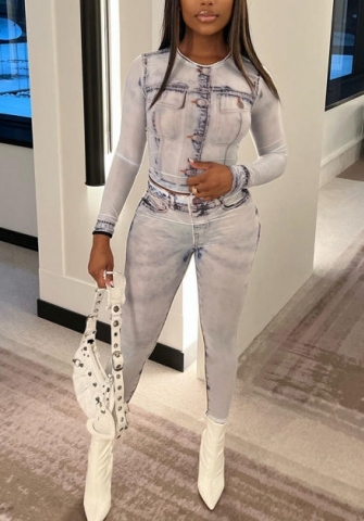 (Not Jeans)2022 Styles Women Fashion INS Styles Print Lon Sleeve Tops + Long Pants Two Piece Suit