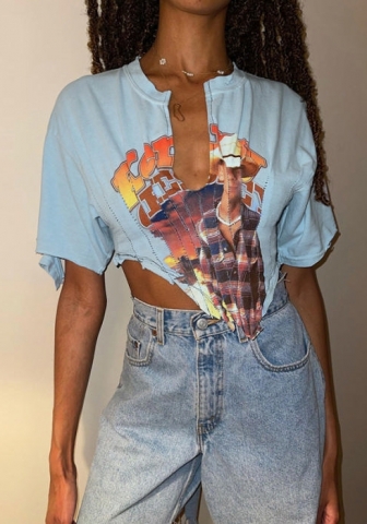 (Real Image)2022 Styles Women Fashion INS Styles Print V Neck Tops