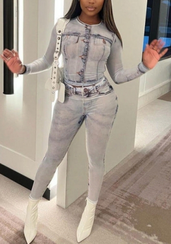 (Real Image)2022 Styles Women Fashion INS Styles Print Jeans Long Sleeve Tops and Long Pants Two Piece Suit