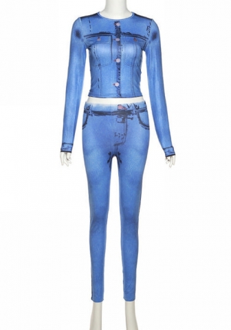 (Real Image)2022 Styles Women Fashion INS Styles Print Jeans Long Sleeve Tops and Long Pants Two Piece Suit