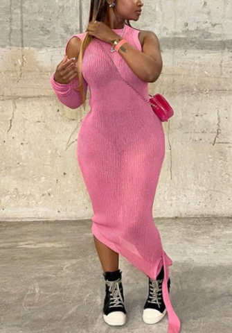 (Real Image)2022 Styles Women Fashion INS Styles Pink Single Long Sleeve Maxi Dress