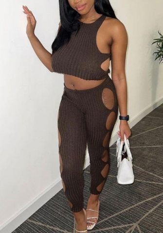 (Real Image)2022 Styles Women Fashion INS Styles Coffee Cut Out Two Piece Suit