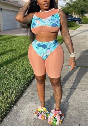 (Real Image)2022 Styles Women Fashion INS Styles Mesh Print Blue Short Two Piece Suit