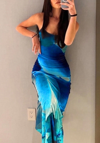 (Real Image)2022 Styles Women Fashion INS Styles Print Blue Strap Maxi Dress