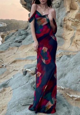 (Real Image)2022 Styles Women Fashion Instagram Styles Print Cold Shoulder Maxi Dress