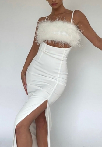 (White)2022 Styles Women Fashion Instagram Styles Strap High Split Maxi Dress