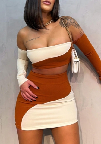 (Real Image)2022 Styles Women Fashion Instagram Styles Off Shoulder Contrast Color  Two  Piece Dress