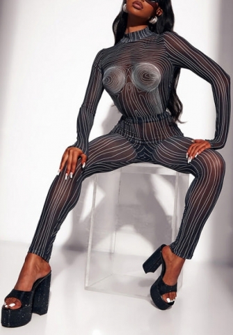 (Real Image)2022 Styles Women Fashion Instagram Styles Black Mesh Long Sleeve Two Piece Suit