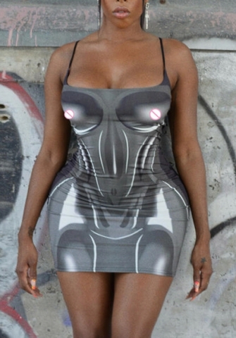 (Gray)2022 Styles Women Fashion Instagram Styles Print Strap Mini Dress