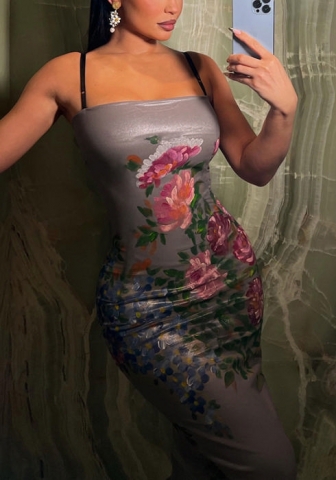 (Real Image)2022 Styles Women Fashion Instagram Styles Print Flower Strap Maxi Dress