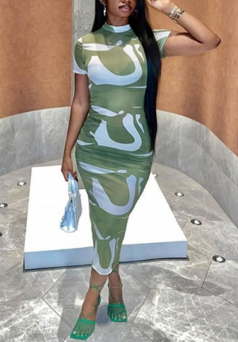 (Real Image)2022 Styles Women Fashion Instagram Styles Mesh Short Sleeeve Green Maxi Dress