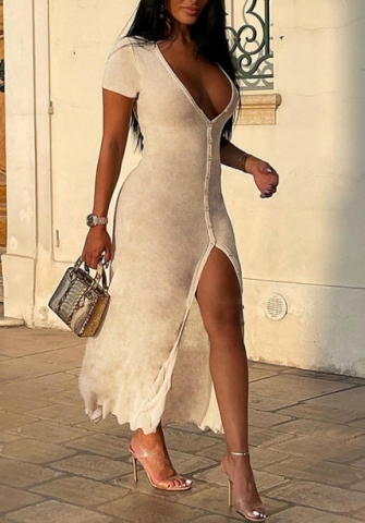 (Real Image)2022 Styles Women Fashion Instagram Styles Cotton Front Button Short Sleeve Maxi Dress