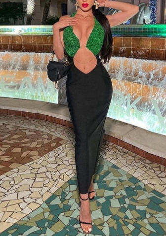 (Real Image)2022 Styles Women Fashion Instagram Styles Sequins Backless Maxi Dress