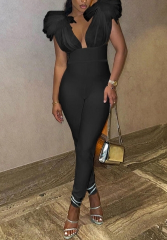 (Black)2022 Styles Women Fashion Instagram Styles Solid Color Lace Mesh Jumpsuit