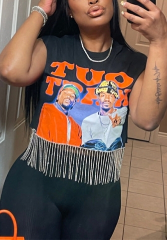 (Real Image)2022 Styles Women Fashion Instagram Styles Print Cartoon Bottom Tassel Tee