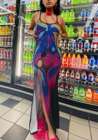 (Real Image)2022 Styles Women Fashion Instagram Styles Print Strap Maxi Dress