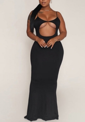 (Real Image)2022 Styles Women Fashion Instagram Styles Black Strap Maxi Dress