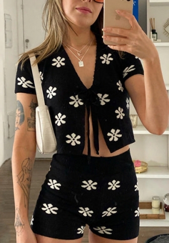 (Real Image)2022 Styles Women Fashion Summer TikTok&Instagram Styles Black Chrysanthemum Short Two Piece Suit