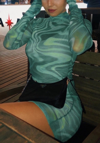 (Real Image)2022 Styles Women Fashion Summer TikTok&Instagram Styles Print Green Mesh Long Sleeve Mini Dress