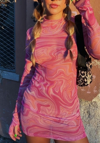 (Pink)2022 Styles Women Fashion Summer TikTok&Instagram Styles Print Green Mesh Long Sleeve Mini Dress