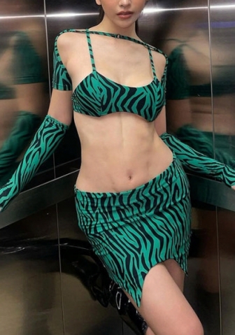 (Real Image)2022 Styles Women Fashion Summer TikTok&Instagram Styles Green Print Irregular Club Dress