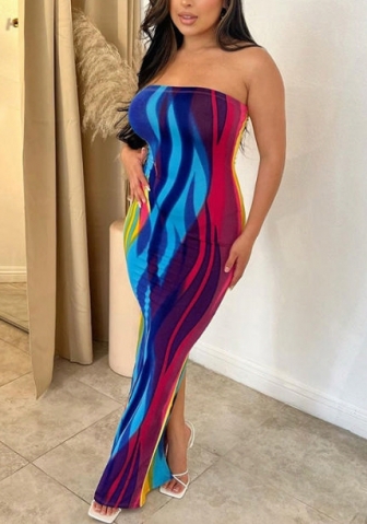 (Real Image)2022 Styles Women Fashion Summer TikTok&Instagram Styles Tube Contrast Color Multicolor Maxi Dress
