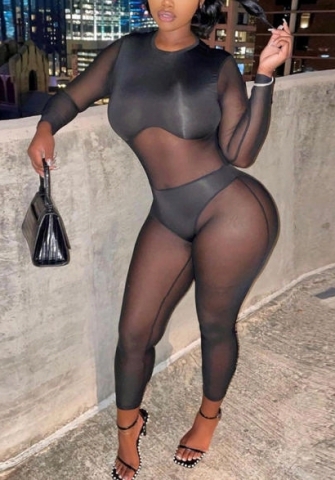 (Real Image)2022 Styles Women Fashion Summer TikTok&Instagram Styles Black Mesh Long Sleeve Jumpsuit