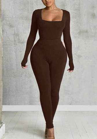(Coffee)2022 Styles Women Fashion Summer TikTok&Instagram Styles Solid Color Bodysuit+Long Pants Two Piece Set