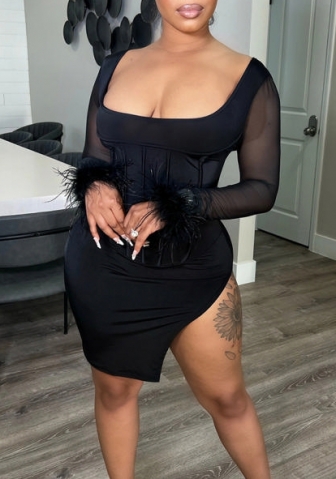 (Real Image)2022 Styles Women Fashion Summer TikTok&Instagram Styles Black Mesh Long Sleeve Irregular Club Dress