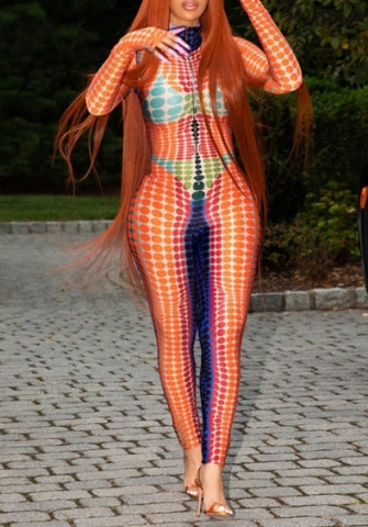 (Real Image)2022 Styles Women Fashion Summer TikTok&Instagram Styles Orange Long Sleeve Print Jumpsuit
