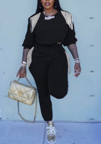 (Black)2022 Styles Women Fashion Summer TikTok&Instagram Styles Tassel Two Piece Suit