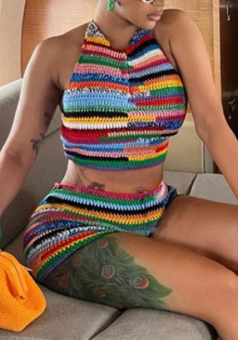 (Real Image)2022 Styles Women Fashion Summer TikTok&Instagram Styles Contrast Color Sweater Short Two Piece Suit