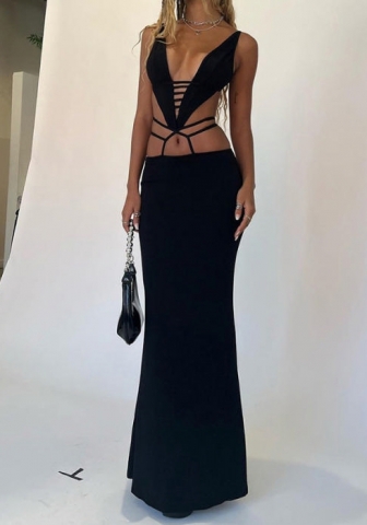 (Real Image)2022 Styles Women Fashion Summer TikTok&Instagram Styles Black Cut Out Maxi Dress