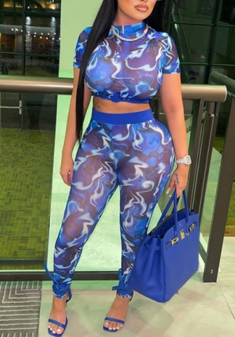 (Real Image)2022 Styles Women Fashion Summer TikTok&Instagram Styles Mesh Print Blue Two Piece Suit
