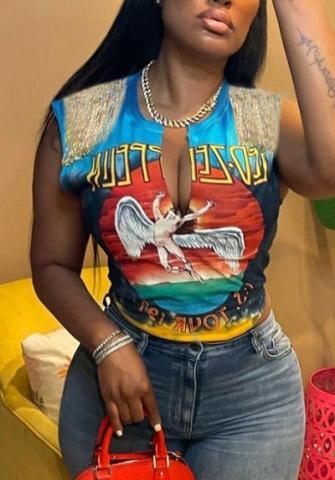 (Only Tops)(Real Image)2022 Styles Women Fashion Summer TikTok&Instagram Styles Print Tassel Double Shoulder Tee