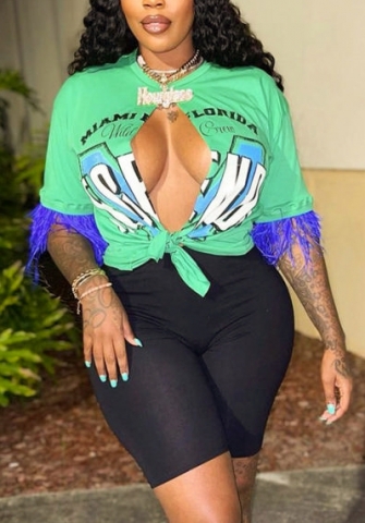 (Green)2022 Styles Women Fashion Summer TikTok&Instagram Styles  Open Print Tassel Tee