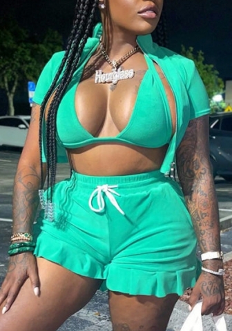 (Not Bar)(Green)2022 Styles Women Fashion Summer TikTok&Instagram Styles Ruffle Short Two Piece Suit