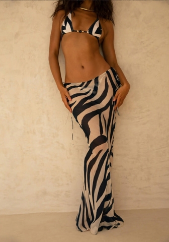 (Real Image)2022 Styles Women Fashion Summer TikTok&Instagram Styles Print Zebra Bikini Set + Maxi Skirts