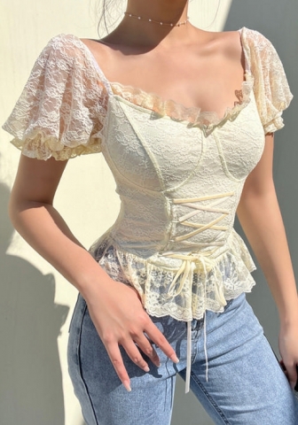 (Real Image)2022 Styles Women Fashion Summer TikTok&Instagram Styles Apricot Lace Up Ruffle Tops