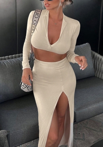 (Apricot)2022 Styles Women Fashion Summer TikTok&Instagram Styles Long Sleeve Crop Tops + Maxi Skirts Two Piece Dress