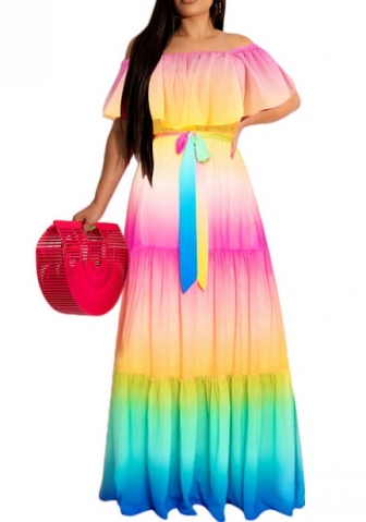 (Real Image)2022 Styles Women Fashion Summer TikTok&Instagram Styles Off Shoulder Colorful Ruffle Maxi Dress
