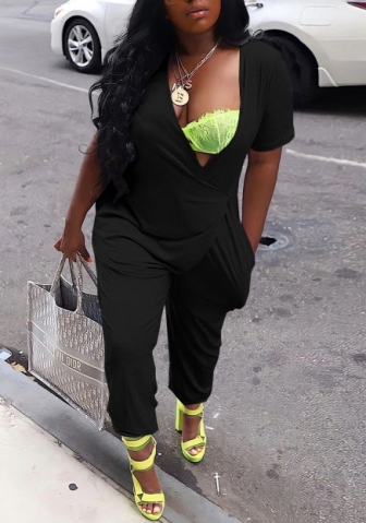 (Black)2022 Styles Women Fashion Summer TikTok&Instagram Styles Solid Color Loose Jumpsuit