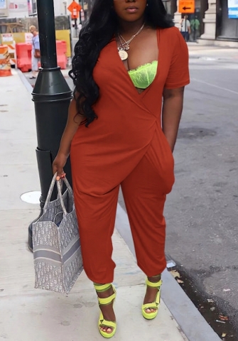 (Orange)2022 Styles Women Fashion Summer TikTok&Instagram Styles Solid Color Loose Jumpsuit