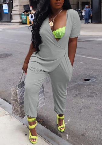 (Gray)2022 Styles Women Fashion Summer TikTok&Instagram Styles Solid Color Loose Jumpsuit