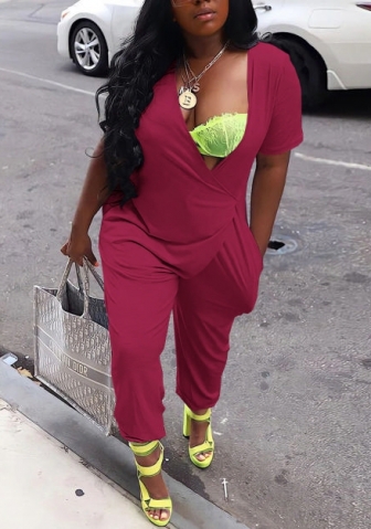 (Rose)2022 Styles Women Fashion Summer TikTok&Instagram Styles Solid Color Loose Jumpsuit