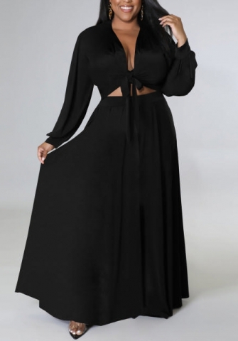 (Plus Size)(Real Image)2022 Styles Women Fashion Summer TikTok&Instagram Styles Front Tie Solid Color Maxi Dress